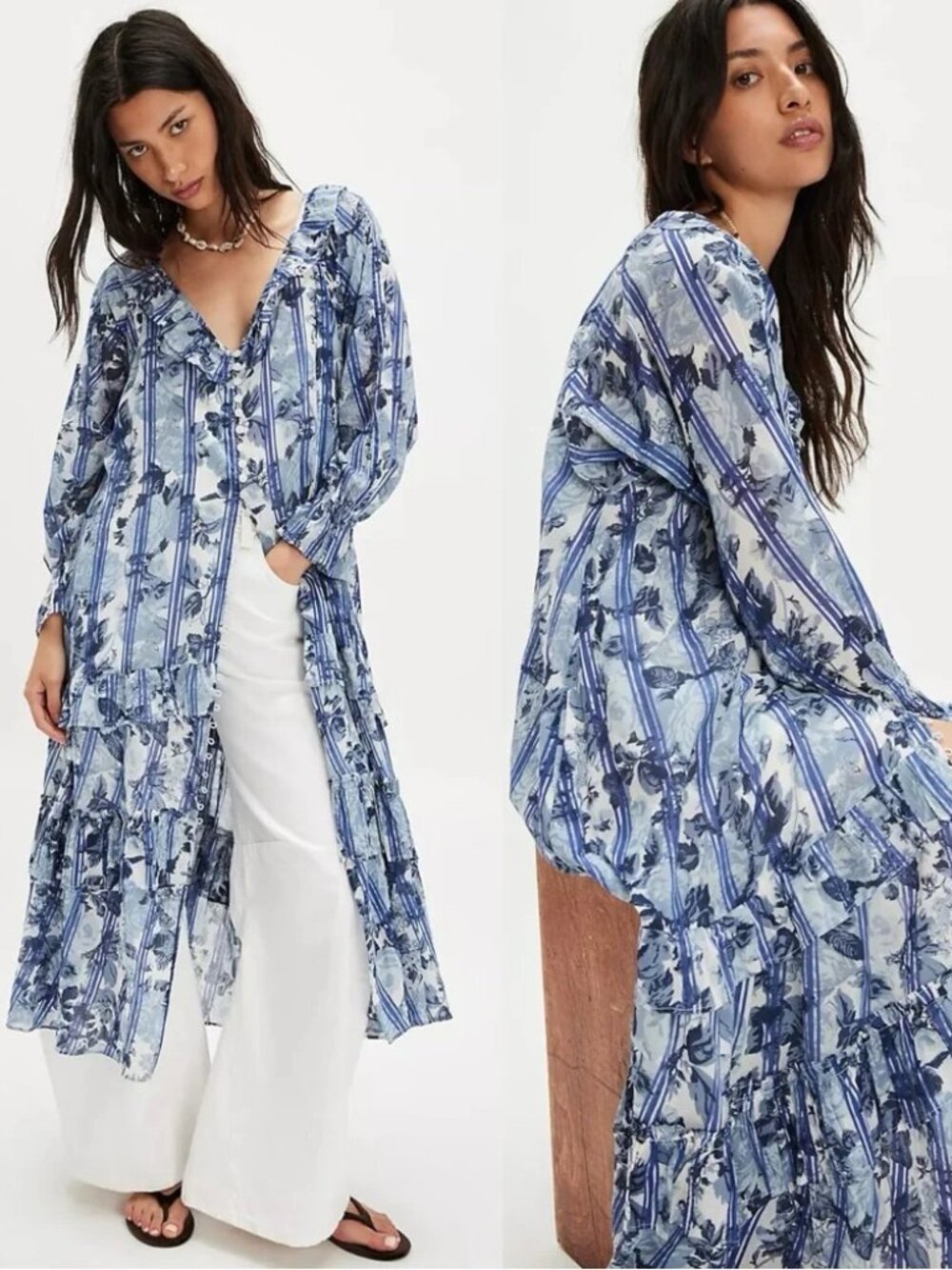 Free People Garden Wonders Blue Floral Stripe Ruffle Duster Maxi Dress M NWT